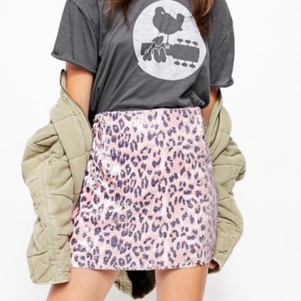 Free People Skinny Sequin Mini Skirt Pink Cheetah